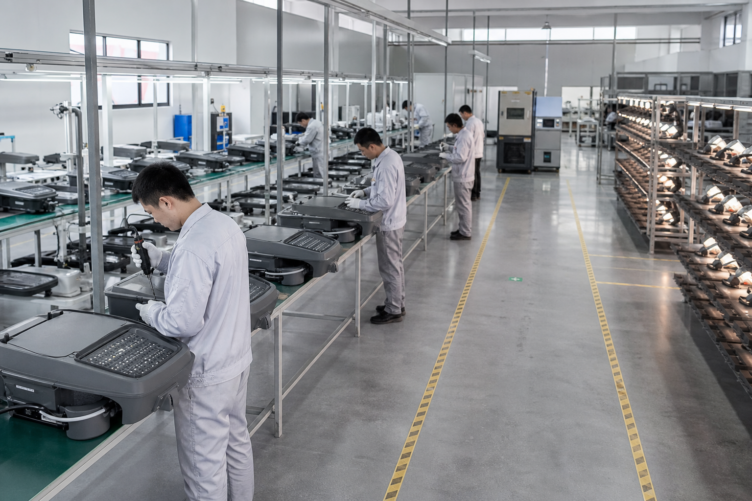 Outdoor lighting assembly and quality-control production floor
